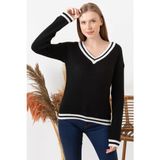 AQE FASHION Kadın Siyah Şeritli V Yaka Kazak - XL