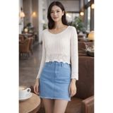 AQE FASHION Kadın Triko Bluz Crop Beyaz Uzun Kollu V Yaka Ajurlu Dantel Detaylı Dantel İşlemeli Mevsimlik Günlük