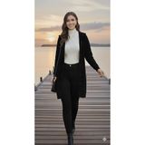AQE FASHION Kadın Triko Hırka Ceket Siyah Kabartma Desenli Şerit Garnili Uzun Kollu Şapkalı Şık
