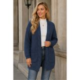 AQE FASHION Kadın Uzun Kollu Kapamasız Cepli Saç Örgülü Rahat Kalıp Şık Günlük İndigo Triko Hırka