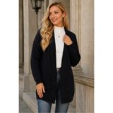 AQE FASHION Kadın Uzun Kollu Kapamasız Cepli Saç Örgülü Rahat Kalıp Şık Günlük Siyah Triko Hırka