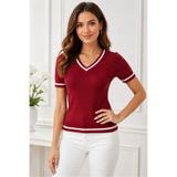 AQE FASHION Kadın V Yaka Kısa Kollu Beyaz Şerit Detaylı Pamuklu Trend Hafif Bordo Triko Bluz