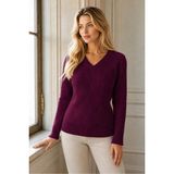 AQE FASHION Kadın V Yaka Uzun Kollu Baklava Örgü Desenli Ribana Detaylı Şık Zarif Günlük Bordo Triko Kazak - 00-Bordo - 5XL