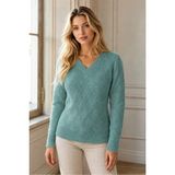 AQE FASHION Kadın V Yaka Uzun Kollu Baklava Örgü Desenli Ribana Detaylı Şık Zarif Günlük Mint Triko Kazak - 00-Yeşil - 4XL