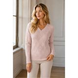 AQE FASHION Kadın V Yaka Uzun Kollu Baklava Örgü Desenli Ribana Detaylı Şık Zarif Günlük Pudra Triko Kazak - 00-Pembe - 4XL
