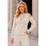 AQE FASHION Kadın Yuvarlak Yaka Uzun Kollu Omzu Açık Saç Örgülü Küçük Ponponlu Bej Triko Kazak - XL