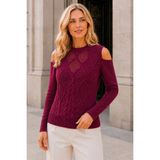 AQE FASHION Kadın Yuvarlak Yaka Uzun Kollu Omzu Açık Saç Örgülü Küçük Ponponlu Bordo Triko Kazak - XL