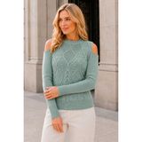 AQE FASHION Kadın Yuvarlak Yaka Uzun Kollu Omzu Açık Saç Örgülü Küçük Ponponlu Mint Triko Kazak