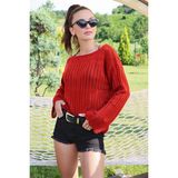 AQE FASHION Kayık Yaka Kol Uçları Volanlı Motif Detaylı Kazak Kiremit - 2XL