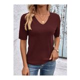 AQE FASHION Likralı V Yaka Esnek Kısa Kollu Triko Bordo Bluz
