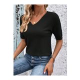 AQE FASHION Likralı V Yaka Esnek Kısa Kollu Triko Siyah Bluz