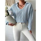AQE FASHION Örgü Desenli Polo Yaka Kadın Triko Kazak Bebe Mavisi Uzun Kol Rahat Kesim