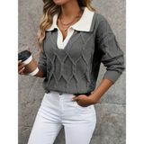 AQE FASHION Polo Yaka Antrasit Kadın Triko Kazak Örgü Desenli Günlük Stil Rahat Kullanım