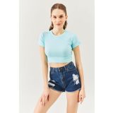 Aqua Kisa Kol Bisiklet Yaka Vucuda Oturan 100 Pamuklu Kaskorse Esnek Crop Bluz