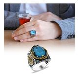 Aqua Paraiba Taşlı Kenarları Kalem İşçilik Detaylı 925 Ayar Gümüş Erkek Yüzük