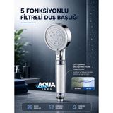 Aqua Sara 5 Fonksiyonlu Filtreli Duş Başlığı Su Arıtmalı, Klor ve Kireç Önleyici, Yüksek Basınçlı - Krom - Beyaz