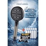 Aqua Sara 6 Fonksiyonlu Filtreli Duş Başlığı SİYAH (10 Adet Yedek Filtre) | Silikon Saplı, Su Arıtmalı, Klor ve Kireç Önleyici, Yüksek Basınçlı - Siyah
