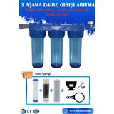 Aquatime 10 Inç 3 Aşama Daire Bina Sayaç Girişi Su Arıtma Cihazı Yıkanabilir-Gac Karbon-Blok Karbon Filtreli - Renk - Mavi