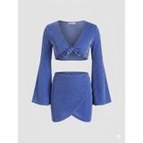 Aquella Lurex Saks Mavi Crop-Etek Takım - M - L