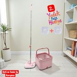Ar Armese Çift Hazneli Sihirli Mop ve Kova Seti Mikro Fiber Bezli, Su Tahliyeli (Yedek Bez Hediye) - Pembe