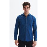 Ar-ma Erkek Gömlek Kot Görünümlü Düğme Kapamali Uzun Kollu Cepsiz Gömlek Slim Fit Denim Chambre K9GKD1069 - Indigo - 2XL