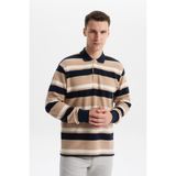 Ar-ma Erkek Polo Yaka Sweatshirt Baskisiz Çizgili Düğmeli Cepsiz Örme Kumaş Büyük Beden%100 Pamuk Ringel Otoman K30554801702 Lacivert-L1