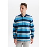 Ar-ma Erkek Polo Yaka Sweatshirt Baskisiz Çizgili Düğmeli Cepsiz Örme Kumaş Büyük Beden%100 Pamuk Ringel Otoman K30554801702 Mavi-M2