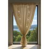Ara Güllü Keten Buldan Bodrum Otantik Ponponlu Perde En x Boy Rustik ve Kornişe Uyumludur - 170 x 45 cm - Bej