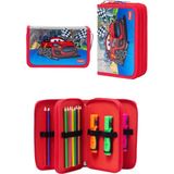 Araba Desenli Pvc Üç Bölmeli Erkek Çocuk Organizer Kalemlik Kalem Kutusu -CP7002 - Kırmızı - Mavi