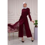 Aranlı tekstil Şifon Seyyar Kemerli Kadın Uzun Tulum Elbise