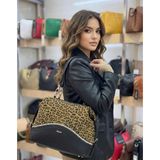 Arba Bag & Accesory Ön Gövdesi Gerçek Süet Parlak Şerit Detaylı Kadın Omuz Çantası - Leopar