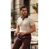 Arben Boutique Erkek Desenli Kısa Kollu Triko Tişört - %100 Pamuk Akrilik - Vizon - XL
