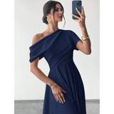 Arben Boutique Kadın Omuzdan Açık Kısa Kollu Omuzdan Pileli Uzun Janjan Krep Elbise - S - M - Lacivert