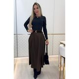 Arben Boutique Kadın Yüksek Belli Maxi Deri Kemersiz Etek - Kahve - 2XL - 3XL