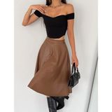 Arben Boutique Kadın Yüksel Bel Deri Kloş Etek - Sütlü Kahve