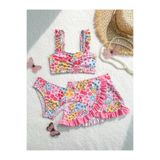 ARBİ kids Kız çocuk çiçekli fırfırlı etekli üç parça şık bikini takımı mayo