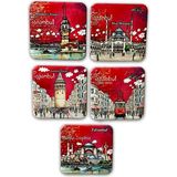 Arda Hediyelik Eşya Istanbul Temalı 5'li Metal Magnet Seti – 7x7 cm – Kırmızı Gökyüzü ve Bulutlar Serisi