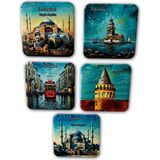 Arda Hediyelik Eşya Istanbul Temalı 5'li Metal Magnet Seti – 7x7 cm – Turkuaz Yağlı Boya Serisi