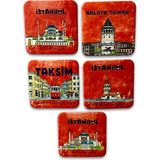 Arda Hediyelik Eşya Istanbul Temalı 5'li Metal Magnet Seti – 7x7 cm – Vintage Kırmızı Seri