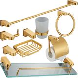Ardini LÜX BANYO SETİ 7 Lİ ALTIN RENGİ Yuvarlak Havluluk, Tuvalet Kağıtlığı, Asklık,Uzun Havluluk,Sabunluk,Diş Fırçalık,Etajer 7'li banyo aksesuar seti, duvara montaj, banyo, mutfak için (Altın Rengi)