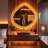 Arelu Led'li Lazer Kumlamalı Lavabo & Banyo Aynası (Dokunmatik Sensörlü) amber led'li 90 x 90