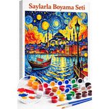 Aren Design Sayılarla Boyama Çerçeveli Hobi Seti Numaralı Tuval Fırça Boya Dahil Istanbul Gece 40X50