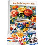 Aren Design Sayılarla Boyama Çerçeveli Hobi Seti Numaralı Tuval Fırça Boya Dahil Kasnak Fincan 40X50