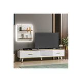Aren Işıklı Tv Ünitesi – Duvara Monte Raflı, Gold Detaylı Modern Tasarım Beyaz