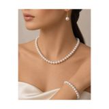 Arescollection 8 MM LÜX BEYAZ İNCİ KOLYE BİLEKLİK KÜPE KADIN TAKI SETİ gold klips