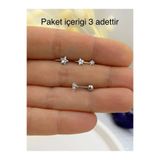 Arescollection CERRAHİ ÇELİK PASLANMAZ ZİRKON TAŞLI 3 LÜ YILDIZ PİERCİNG KÜPE SET