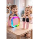Arfseb 2 Mikrofonlu Karaoke Seti Bluetooth Hoparlör RGB Işıklı Karaoke Mikrofon- Pembe