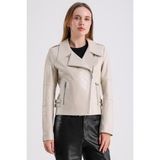 Ariana Kadın Deri Biker Ceket - Bej - 2XL