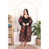 Arias Closet Büyük Beden Kırmızı Çiçek Desenli Dantel İşlemeli 2'Li Viskon Siyah Gecelik Sabahlık Takımı