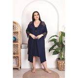 Arias Closet Büyük Beden Lacivert Dantel İşlemeli 2'Li Gecelik Sabahlık Takımı